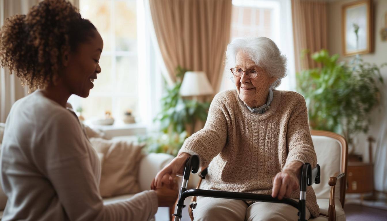 A bright Victorian style living room with a senior using a walker, assisted by a racially diverse caregiver