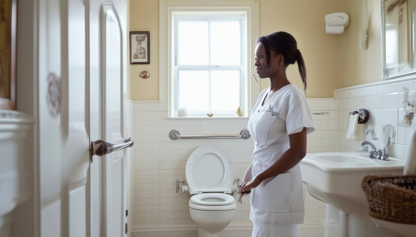 A clean, Victorian style bathroom with safety features like grab bars and a raised toilet seat-1