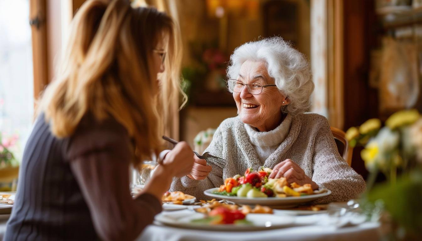 A cozy Victorian style dining area where a caregiver assists a senior with a warm smile