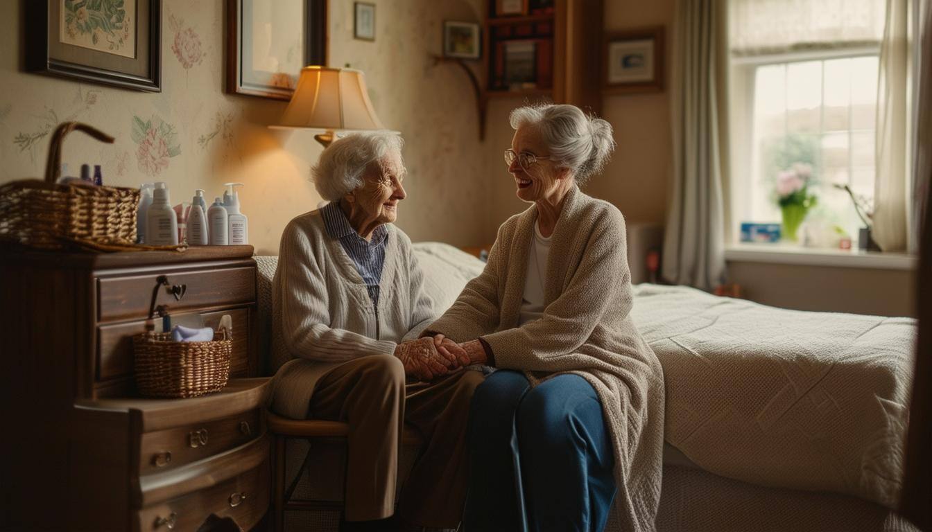 A cozy, welllit modern Victorian style bedroom with an elderly individual comfortably seated, holding hands with a caregiver