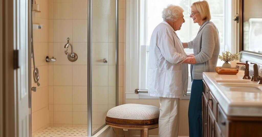 A serene bathroom setting with warm lighting, a walkin shower with grab bars, a comfortable seat, and a caregiver assisting a senior with a gentle smi-2-1