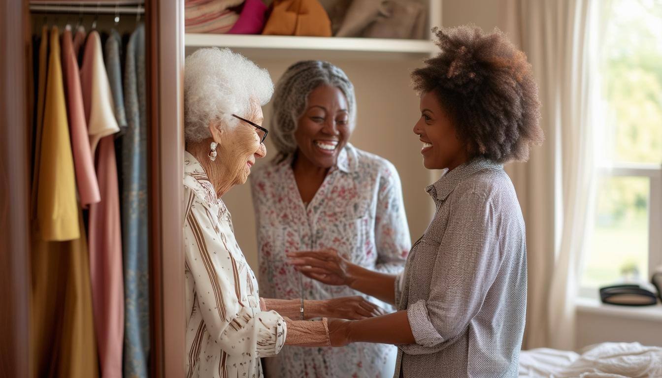 A sunny modern Victorian style bedroom with a racially diverse senior choosing an outfit from a neatly organized closet, assisted by a smiling caregiv