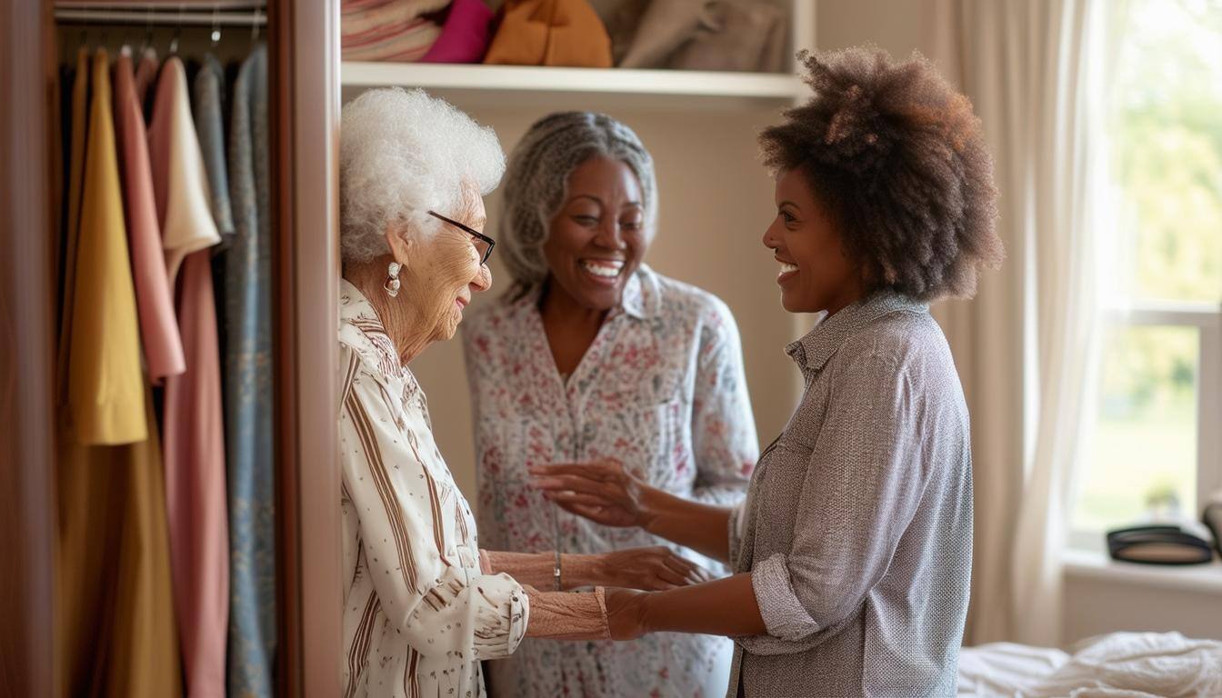 A sunny modern Victorian style bedroom with a racially diverse senior choosing an outfit from a neatly organized closet, assisted by a smiling caregiv A sunny modern Victorian style bedroom with a racially diverse senior choosing an outfit from a neatly organized closet, assisted by a smiling caregiv