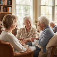 Elderly couple in a cozy assisted living home, chatting with a caring staff member.