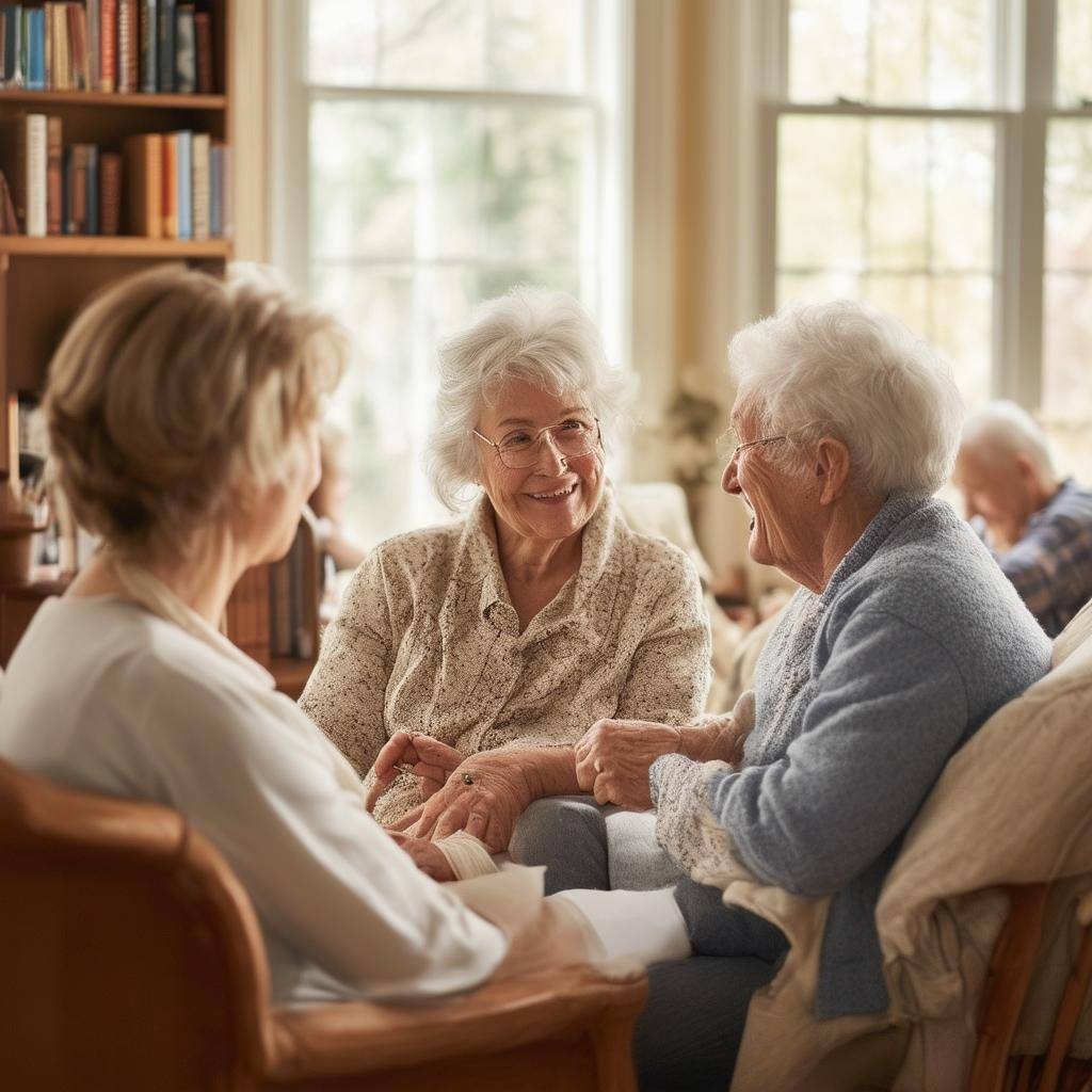 Elderly couple in a cozy assisted living home, chatting with a caring staff member.